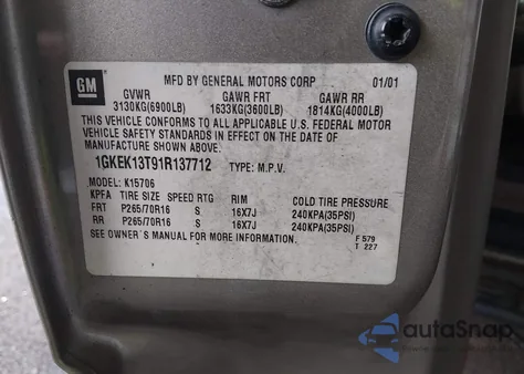 2001 GMC Yukon Slt from USA, damaged, VIN 1GKEK13T91R137712